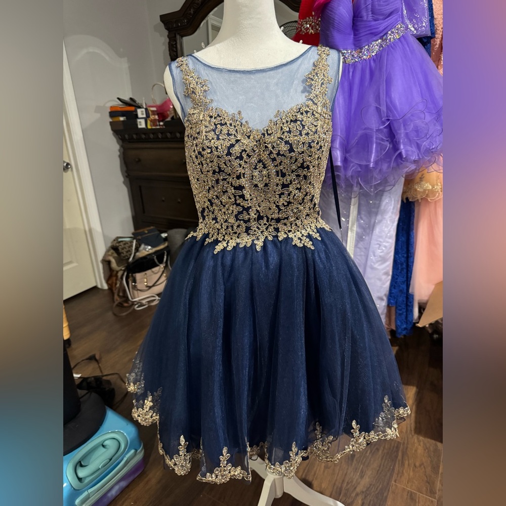Elegant Navy Blue and Gold Prom Dress